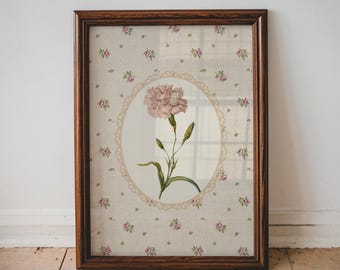 Impresión vintage de clavel rosa para guardería de niña, arte floral estilo shabby chic para pared, decoración para habitación de niño pequeño, marco de encaje imprimible, obra de arte floral / 12
