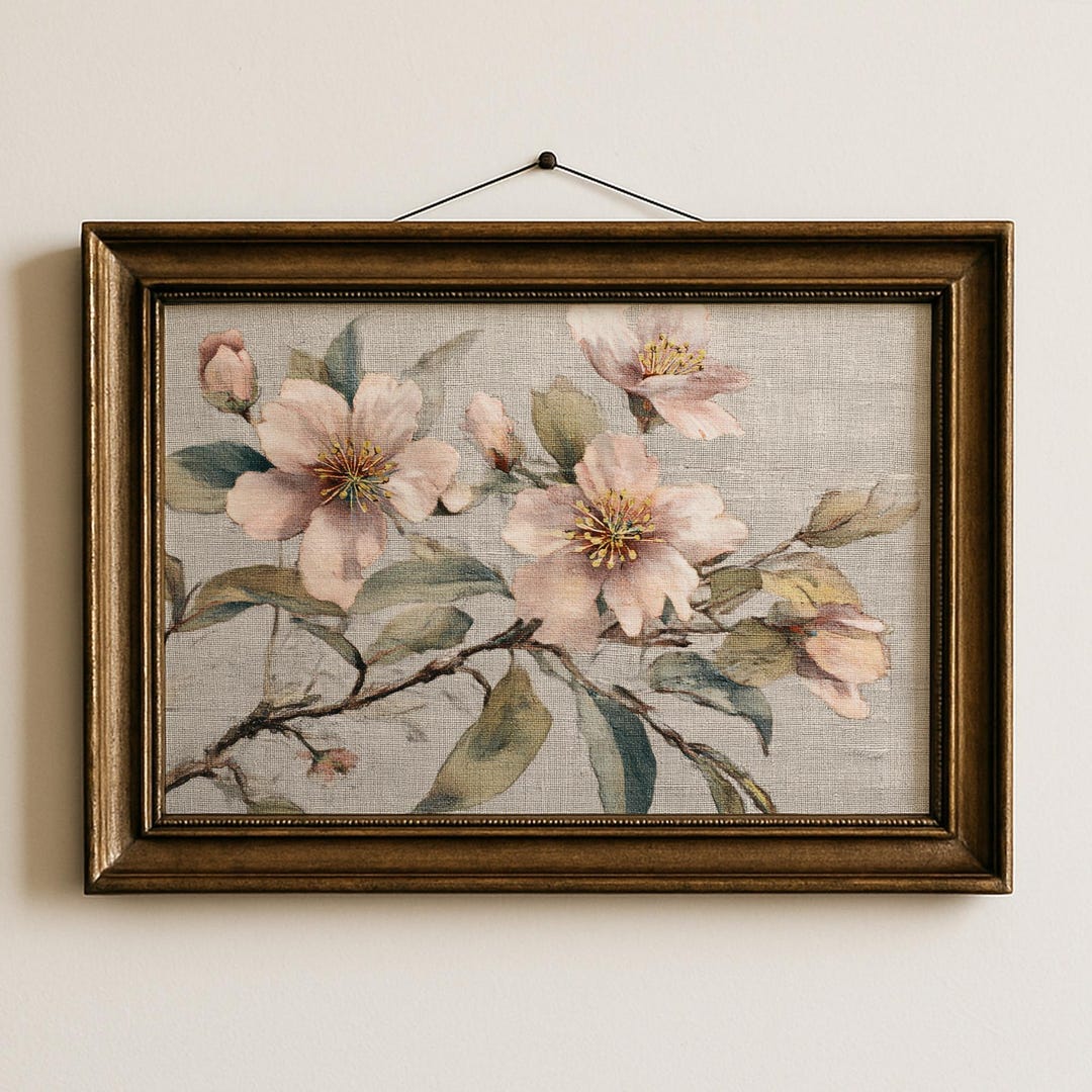 Blush Pink Botanical Wall Art Vintage Flower Branch Illustration Linen ...