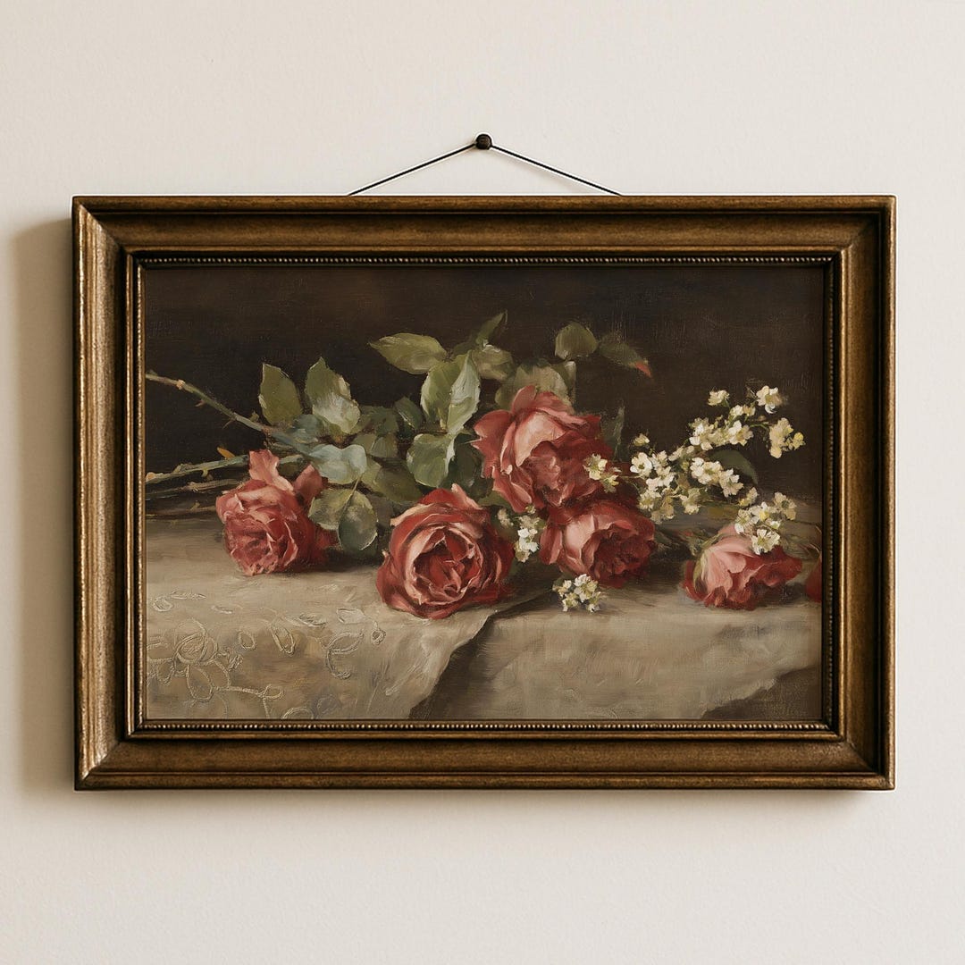 Floral Still Life Wall Art Print Red Rose Botanical Painting Pink ...