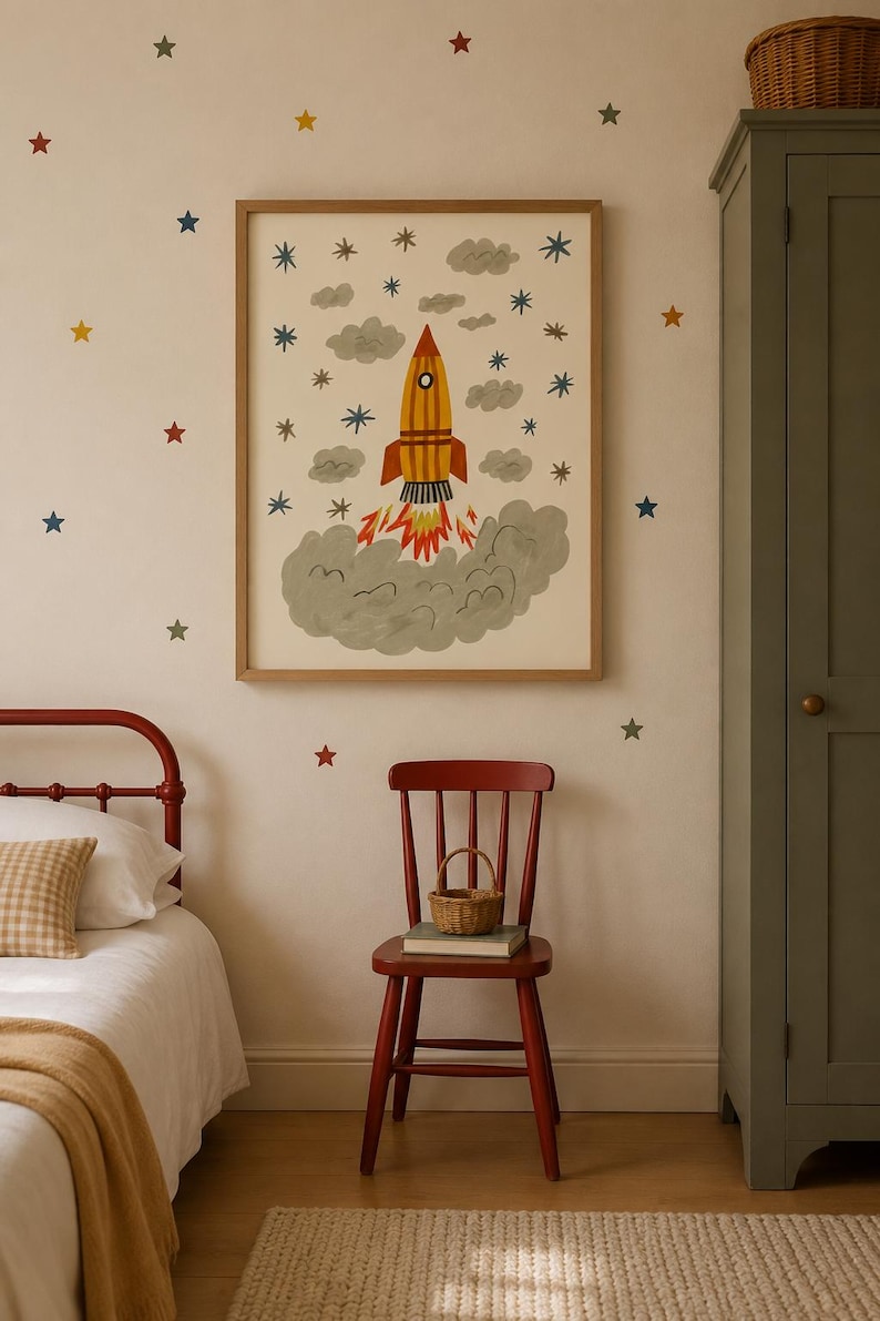 May include: A framed wall art print featuring a yellow and orange rocket ship launching into a sky filled with gray clouds and small multi-colored stars. The rocket has a circular window and emits orange and yellow flames from its base.