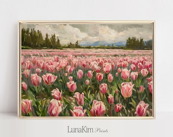 Spring Landscape Painting Pink Tulip Wall Print Soft Flower Painting Landscape Wall Art Tulip Countryside Digital Printable Painting | 112