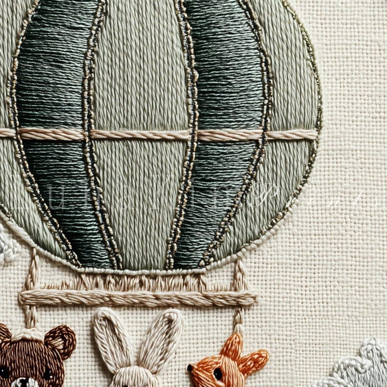 May include: Embroidered artwork featuring a hot air balloon in shades of green, gray, and beige. Below the balloon, a teddy bear, a bunny, and a fox are suspended. The design is on a cream-colored fabric.