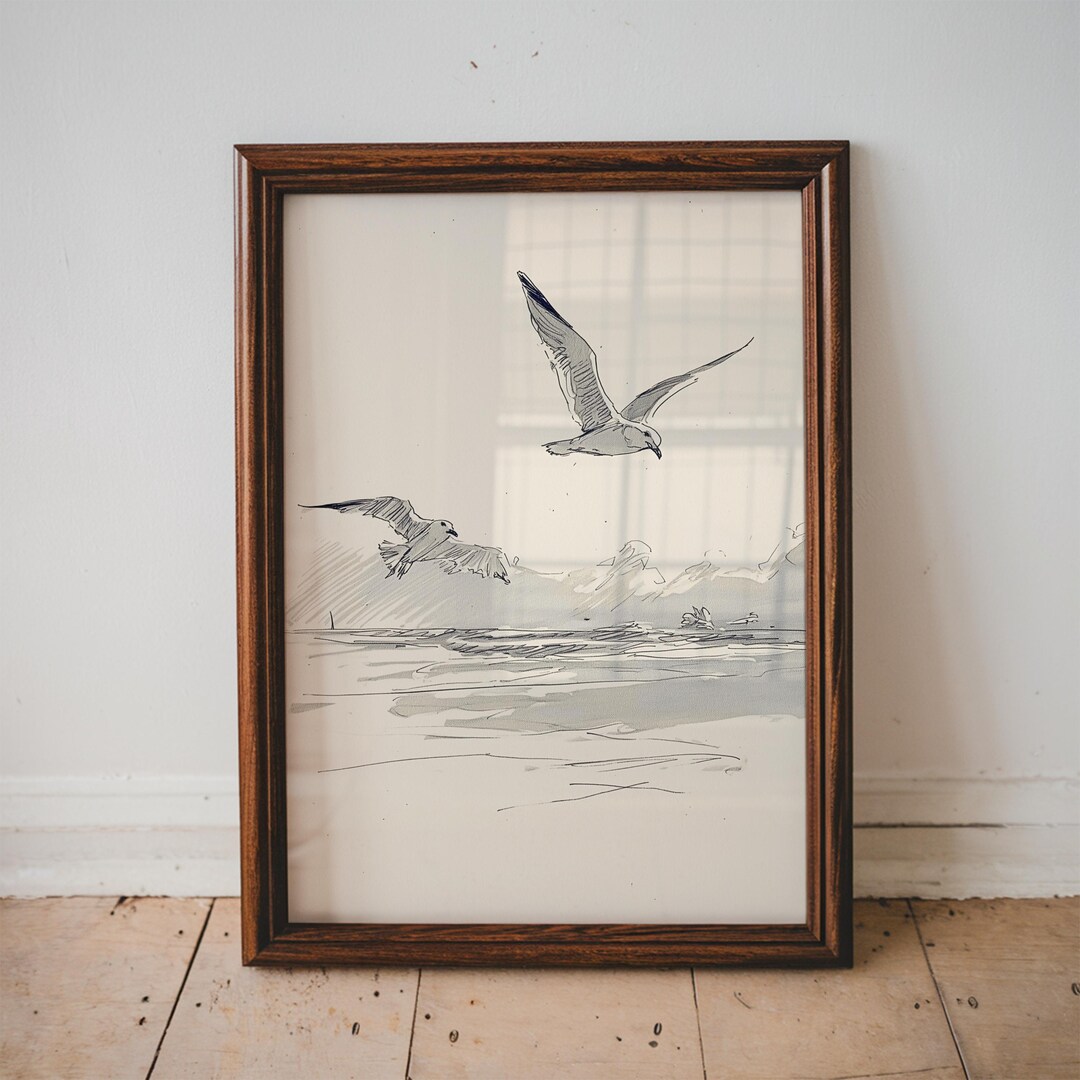 Vintage Seagull Seascape Wall Art Printable Coastal Sketch Ocean Bird ...