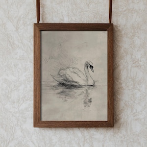 Swan on Water PRINTABLE for Living Room Wall Art Nursery Bedroom Decor Vintage Style Animal Illustration Bird Lake Scene Swan Print | 107