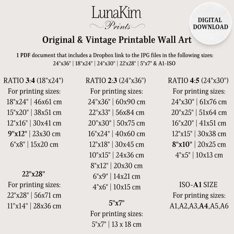 Puede incluir: Una gu&iacute;a de arte de pared imprimible con diferentes proporciones y tama&ntilde;os para imprimir. La gu&iacute;a incluye proporciones de 3:4, 2:3 y 4:5, con medidas correspondientes en pulgadas y cent&iacute;metros. Tambi&eacute;n incluye un tama&ntilde;o de 5x7 pulgadas y un tama&ntilde;o ISO-A1.