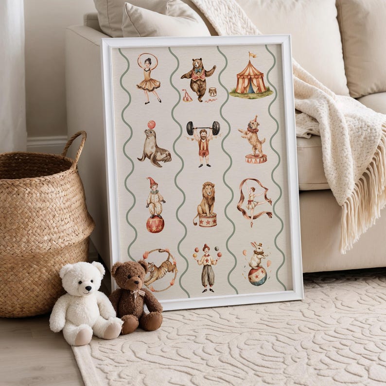 Vintage Circus Nursery Print Retro Carnival Animal Kids Room Wall Art Cute Big Top Illustration Playroom Decor Printable Baby Wall Art | 162 image 11