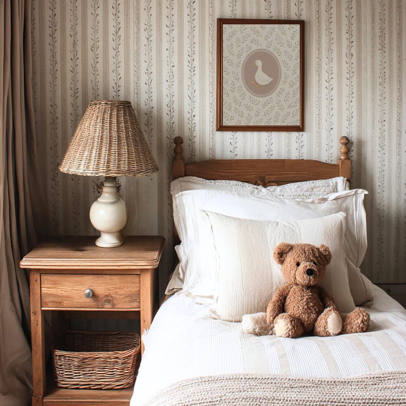 Impresión de pato vintage para guardería, arte de pared para habitación de bebé, decoración de animales lindos para niños pequeños, patrón botánico rosa suave, diseño de guardería imprimible digitalmente / 18 imagen 4