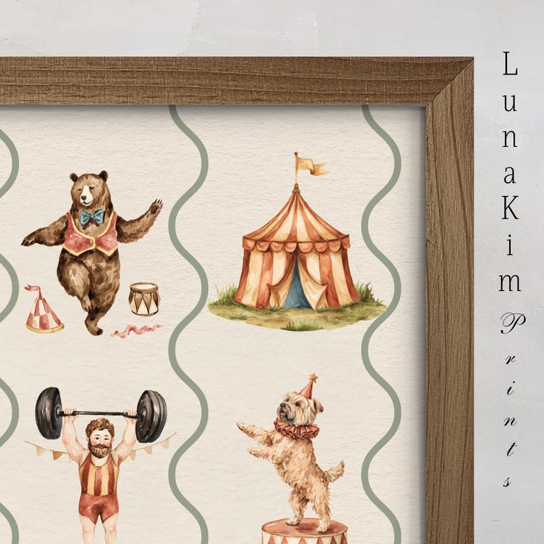 Vintage Circus Nursery Print Retro Carnival Animal Kids Room Wall Art Cute Big Top Illustration Playroom Decor Printable Baby Wall Art | 162 image 12