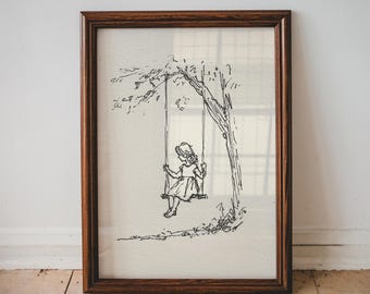 Nursery Wall Art Print Girl On Swing Vintage Sketch Toddler Room Decor Baby Shower Gift Girls Room Printable Artwork Bedroom Wall Art | 09