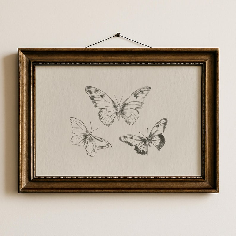 Boceto de mariposa neutra Arte de mariposa vintage para guardería de niñas Descarga digital Impresión de mariposa para decoración de dormitorio Impresión de arte neutra / 10 imagen 1