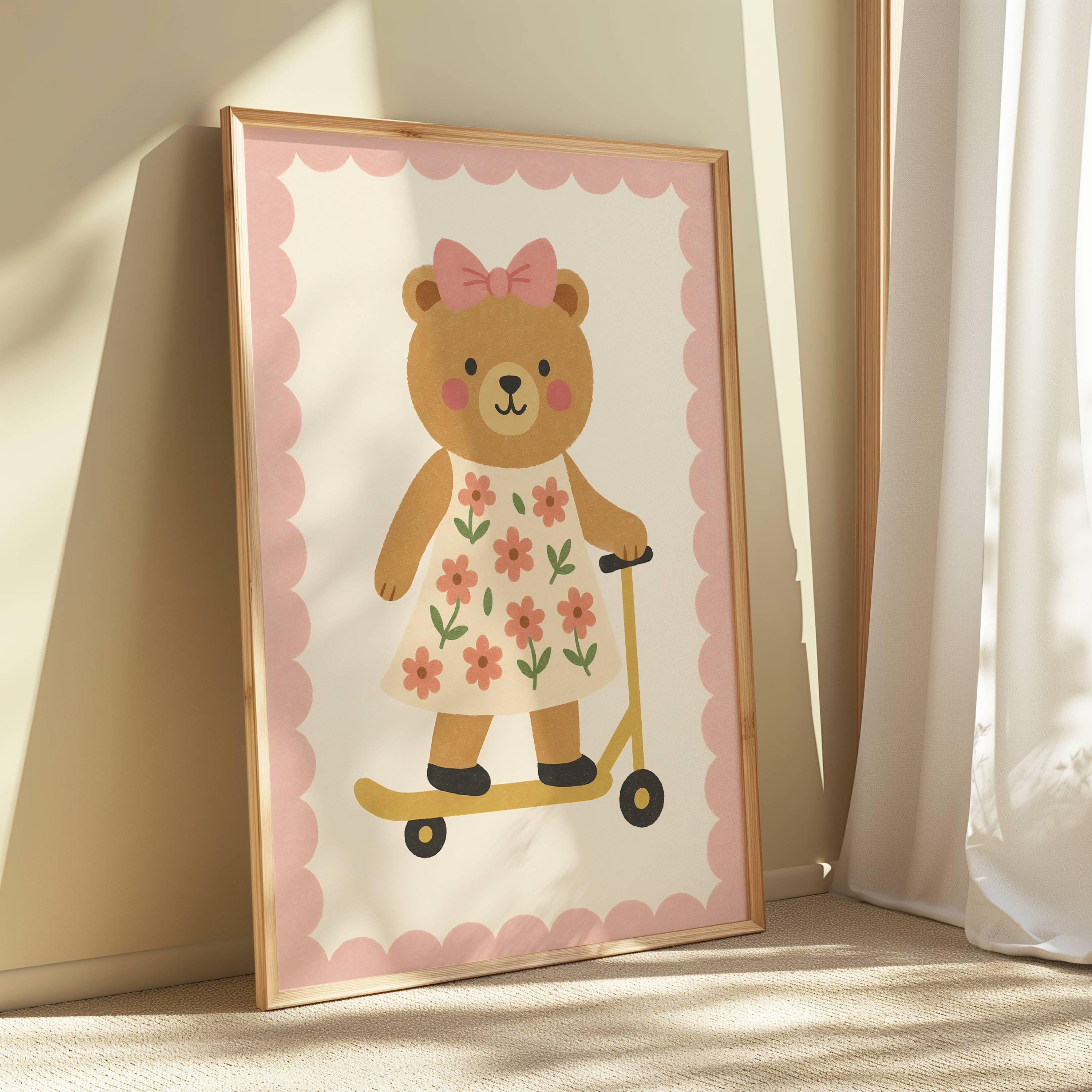 Animal Kids Wall Art Whimsical Bear Print Cute Scooter Illustration for Girl Bedroom Playroom Decor Toddler Animal Vibrant PRINTABLE  | 71