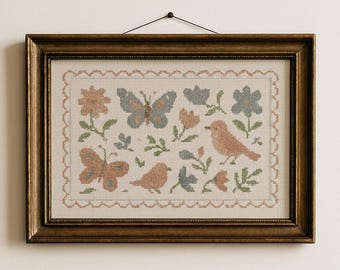 Vintage Cottagecore Cross Stitch Butterfly Bird Nursery Print Girl Room Wall Art Soft Pastel Floral Embroidery Style Printable Decor | 44