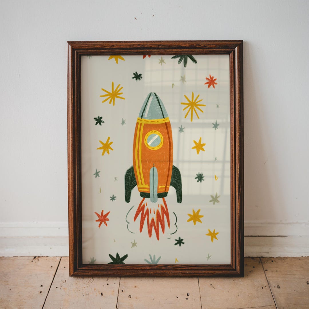 Whimsical Rocket Wall Art Space Illustration for Kids Room Playroom ...