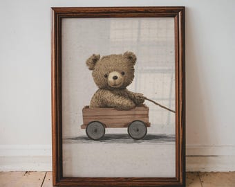 Impressão vintage de ursinho de pelúcia para quarto infantil, ilustração divertida de animais para menino ou menina, arte de parede para crianças pequenas, IMPRIMÍVEL, carrinho fofo para decoração de quarto infantil | 24