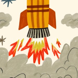 May include: A yellow and orange rocket ship illustration with brown stripes, red fins, and a black and white striped engine nozzle. The rocket emits bright red and yellow flames into a cloud of gray smoke, surrounded by dark blue star shapes.