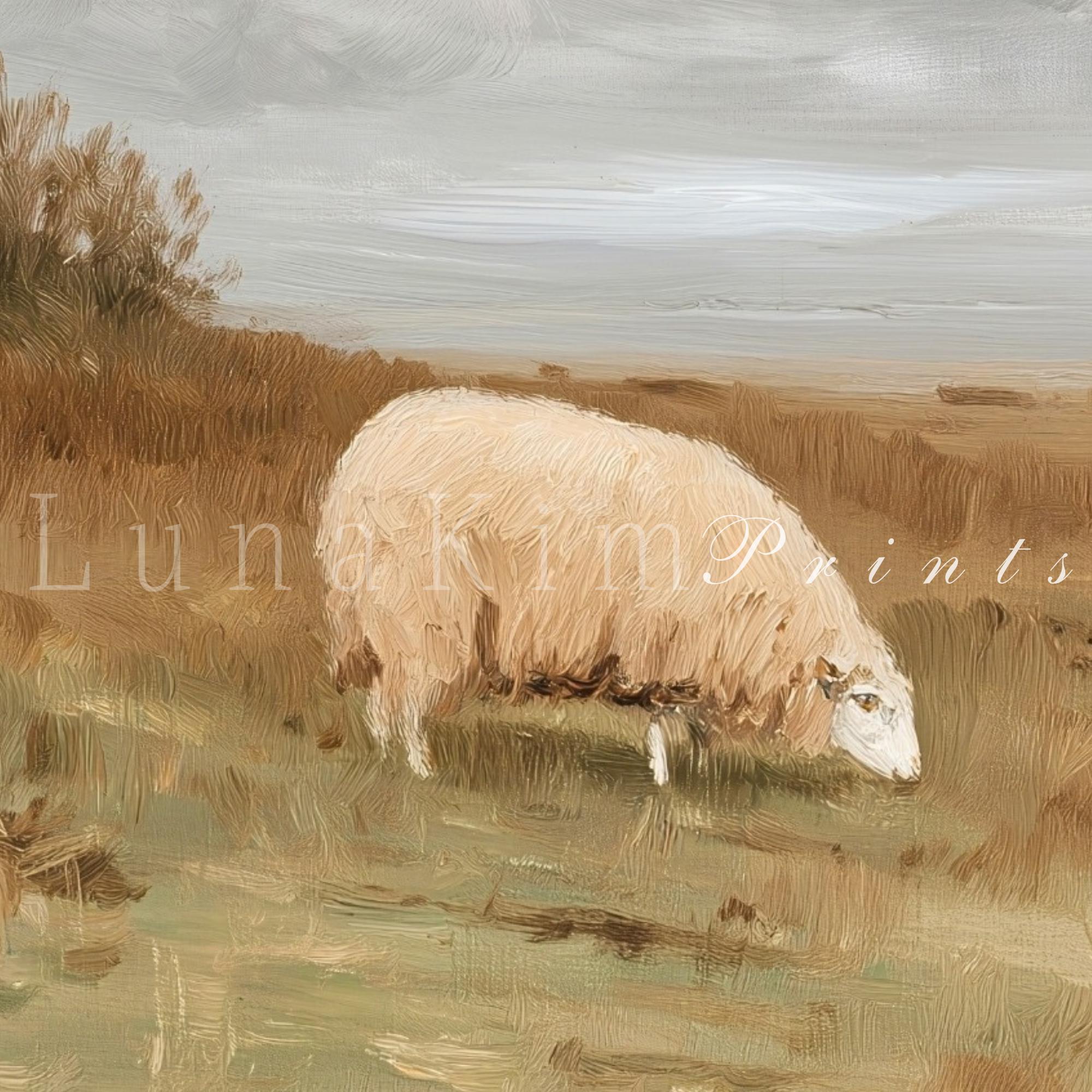 Vintage Sheep Landscape Wall Art Pastoral Farm Painting Neutral ...