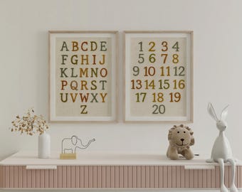 Alphabet Nursery Print 123, ABC Wall Art for Toddlers Educational Vintage Letters Poster Baby Learning Decor Playroom Art for Kids Room | 30