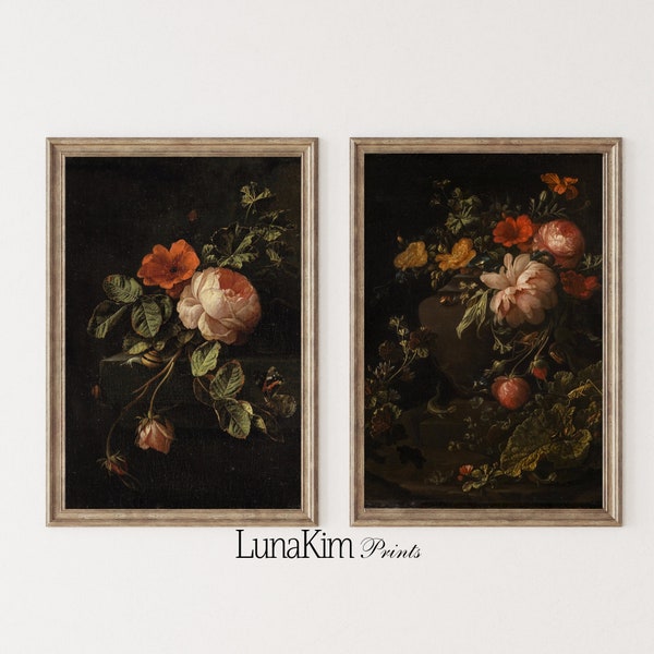 Moody Botanical Painting Vintage  Set of Two Gallery Prints Living Room Decor Moody Floral Wall Art Moody Dining Room Wall Decor | S84