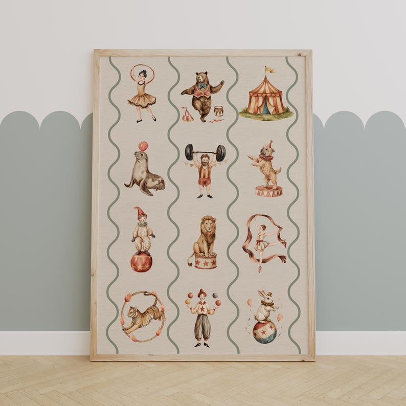 Vintage Circus Nursery Print Retro Carnival Animal Kids Room Wall Art Cute Big Top Illustration Playroom Decor Printable Baby Wall Art | 162 image 6