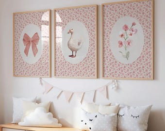 Pink Girl Nursery Wall Art Set Of 3 Pink Bow Goose Floral Prints Vintage Style Baby Girl Room Decor Printable Nursery Gallery Set | S19