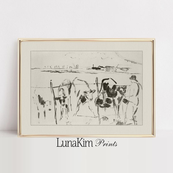 Neutral Calves Landscape Sketch | Cows in Meadow Drawing | Vintage Nursery Sketch | Rustic Country Farmhouse Decor | Animal Etching | 54