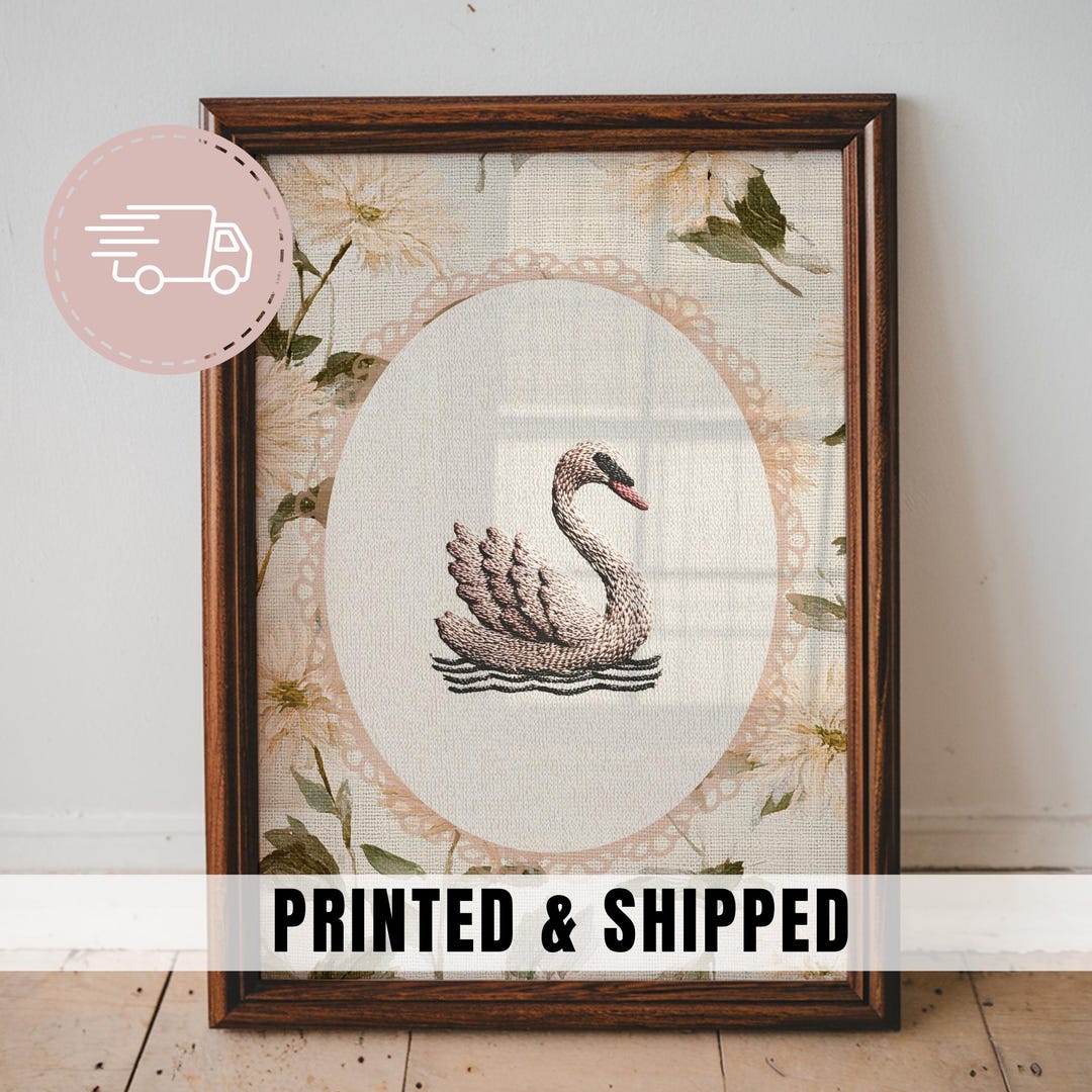 Vintage Swan Nursery Embroidered Style Wall Art Floral Swan Print Baby ...