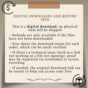 May include: A beige informational sign with brown text titled DIGITAL DOWNLOADS AND REFUND INFO. It states that this is a digital download, no physical item will be shipped, and outlines refund policies, technical issue procedures, and file access.