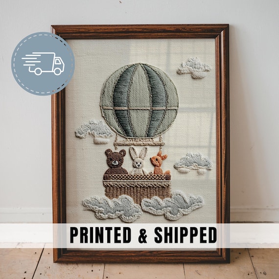 Hot Air Balloon Nursery Print Green Art Bear Bunny Fox Kids Room Wall Art Embroidered Textile Style Illustration Woodland Nursery Decor | 75