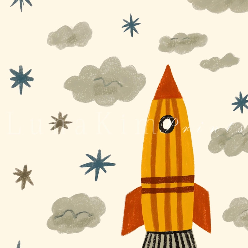 May include: A digital illustration featuring a yellow and orange rocket ship with a circular window, surrounded by grey clouds and dark blue star shapes on a cream-colored background. The rocket has red fins and a black and white striped base.
