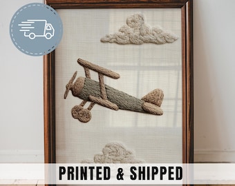 Vintage Airplane Nursery Print Embroidered Textile Style Illustration Printed Wall Art Neutral Kids Bedroom Decor Unframed Art Print | 111