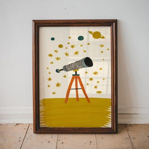 Arte de pared con telescopio para habitación infantil, ilustración espacial, decoración celestial lúdica, obra de arte espacial caprichosa, arte de pared para habitación infantil o dormitorio infantil / 34