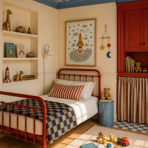 May include: A red metal bed frame with a blue and tan checkered blanket and a red and white striped pillow. The room features built-in shelves with toys, a framed rocket ship print, a blue side table, and a red cabinet with striped curtains.