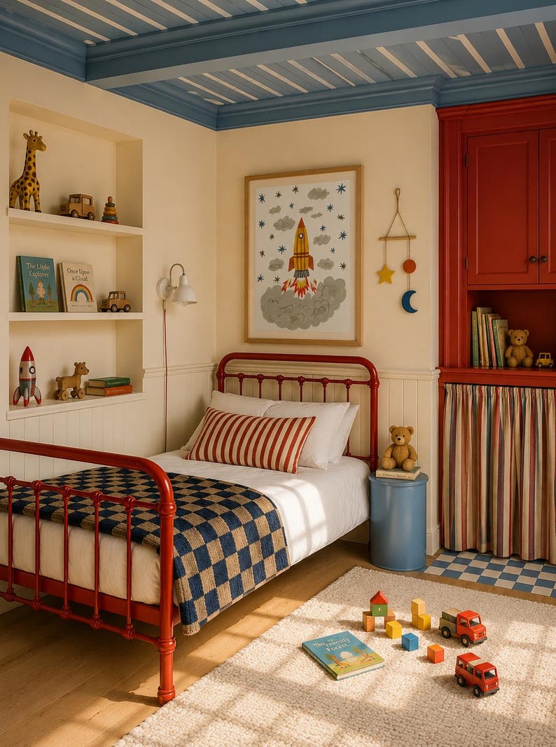 May include: A red metal bed frame with a blue and tan checkered blanket and a red and white striped pillow. The room features built-in shelves with toys, a framed rocket ship print, a blue side table, and a red cabinet with striped curtains.