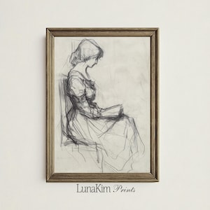 Seated Woman Sketch PRINTABLE Vintage Female Figure Drawing Charcoal Illustration Digital Wall Art for Studio Office or Home Decor | 119
