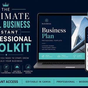 Può includere: Un toolkit digitale per piccole imprese, con un laptop e uno smartphone che mostrano modelli di business plan. L'immagine include il testo "The Ultimate Small Business Instant Professional Toolkit" e "100+ Templates Included."
