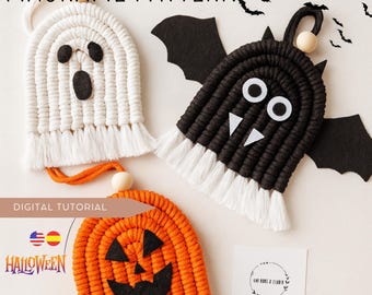 Macrame Halloween Pattern: Pumpkin, Ghost & Bat, Beginner DIY Download, Step by Step Macrame Tutorial with Video, Handmade Halloween Decor.