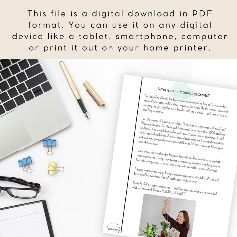 Digital download information for the macrame snowflake pattern, showing the PDF tutorial, printed instructions and crafting supplies needed for the DIY project.