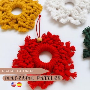 May include: Close-up of handmade macrame ornaments in red, yellow, white, and green. The red ornament is in focus, with a wooden bead and hanging string. The text "DIGITAL TUTORIAL MACRAME PATTERN" is visible.