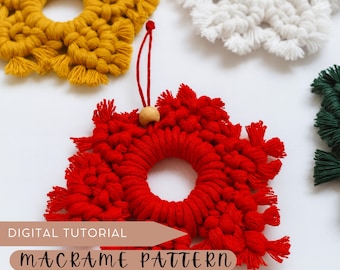 Macramé sneeuwvlokpatroon, doe-het-zelf kerstversiering tutorial, beginners PDF met video en knoopinstructies, winterse feestdecoratie