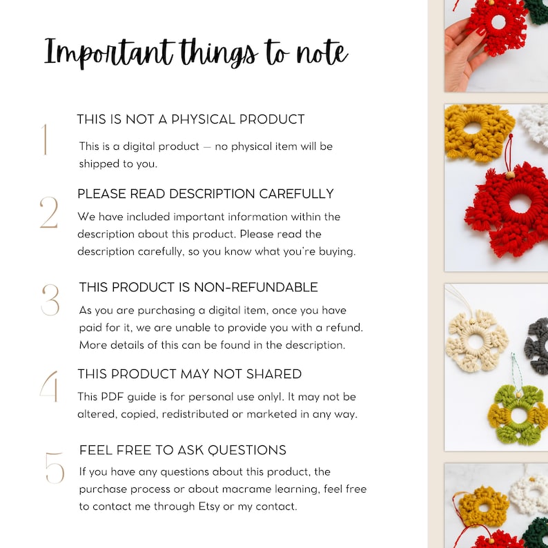 Important information about the digital macrame snowflake tutorial, including PDF instructions, materials, video access and details for creating the handmade Christmas ornament.