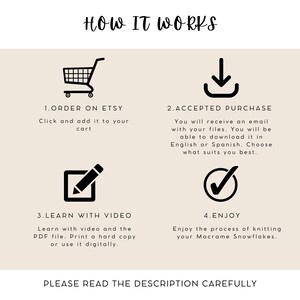 How it works guide explaining how to purchase and access the digital macrame snowflake pattern, including PDF instructions, video tutorial and knot guide.