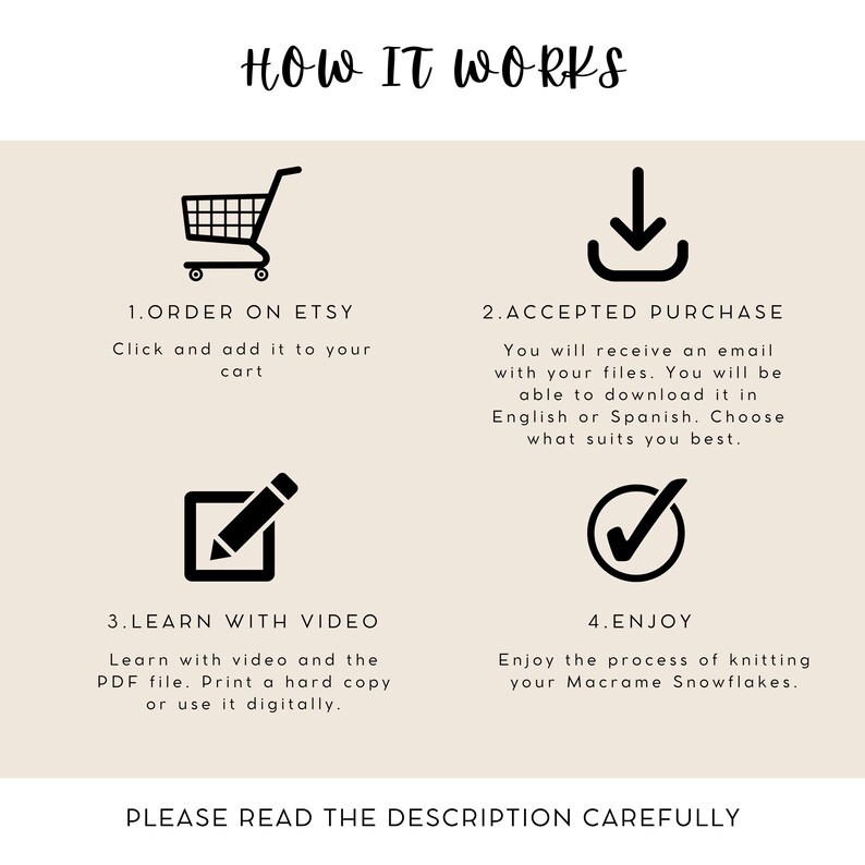 How it works guide explaining how to purchase and access the digital macrame snowflake pattern, including PDF instructions, video tutorial and knot guide.