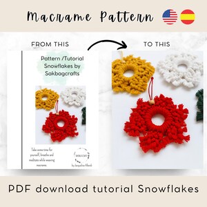 Macrame snowflake pattern comparison showing the PDF tutorial and finished red and yellow snowflake ornaments, with instructions for making handmade Christmas decor.