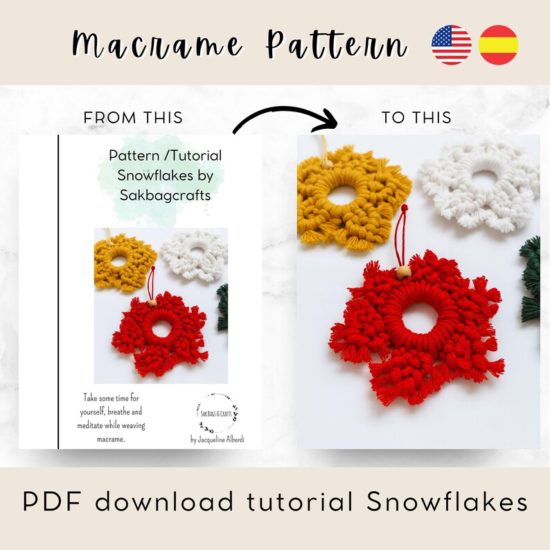 Macrame snowflake pattern comparison showing the PDF tutorial and finished red and yellow snowflake ornaments, with instructions for making handmade Christmas decor.