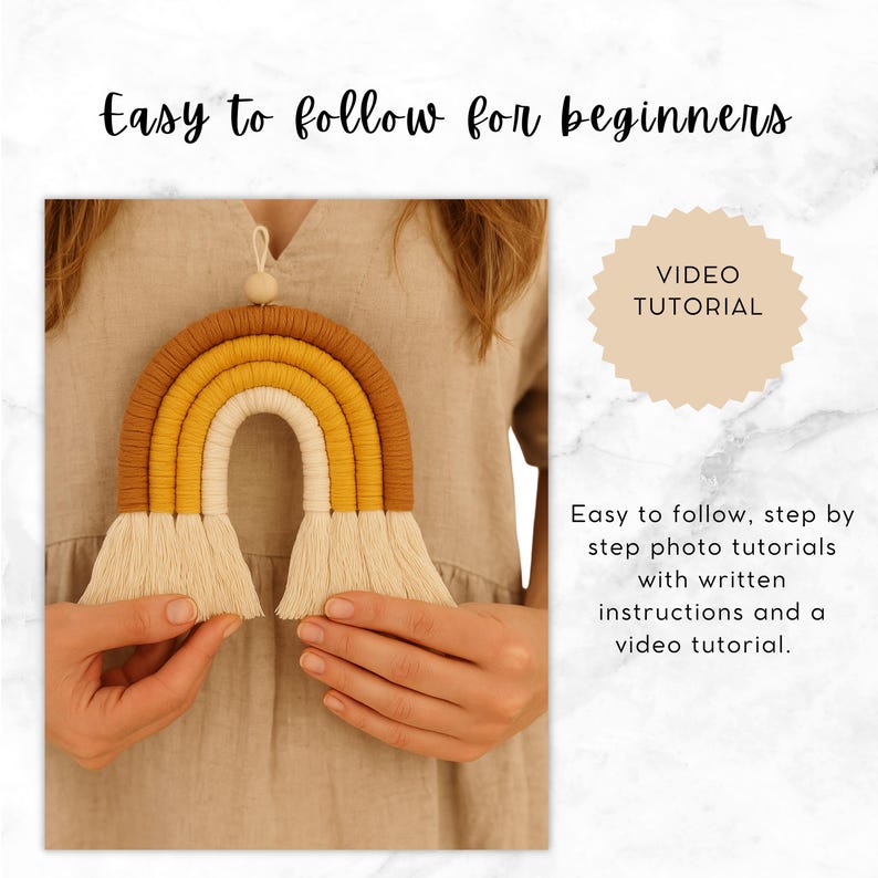 Tutorial Macrame. Macrame Rainbow kit, DIY macrame rainbow kit, rainbow macrame craft, Beginners macrame patterns, Beginners macrame, Nursey Decor, boho,  Nursey Decor, Home,  Decor DIY, Crafts Patterns, DIY kit for Teens. Guide knots macrame.Macrame tutorial for beginners, easy-to-follow instructions, includes complete knot guide with video, create macrame pieces with your own hands, learn from the comfort of your home, relaxing and creative DIY project,