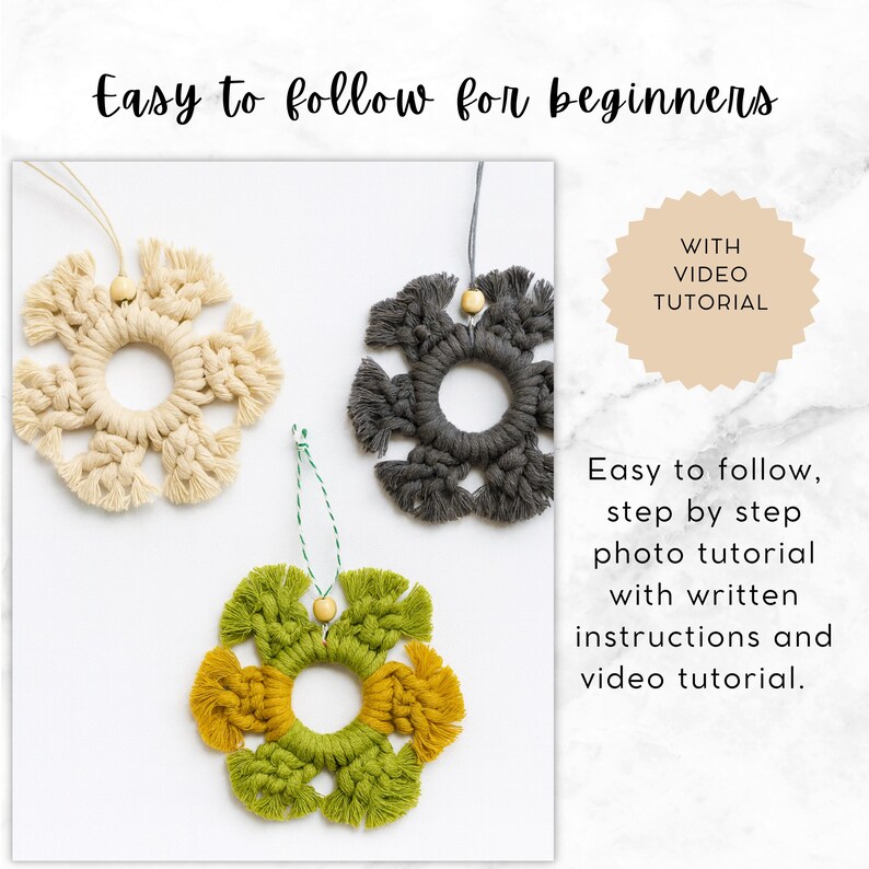 Macrame snowflake ornaments in white, black, green and natural colors, showing different handmade designs for Christmas tree and winter holiday decor.