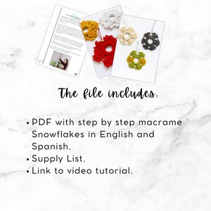 Macrame snowflake tutorial with several finished ornaments in different colors, showing the handmade winter decorations included in the DIY pattern.