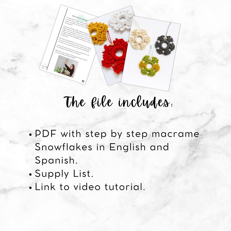 Macrame snowflake tutorial with several finished ornaments in different colors, showing the handmade winter decorations included in the DIY pattern.