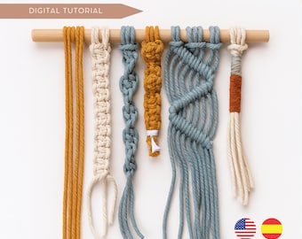 Guida ai nodi per macramè in PDF, tutorial fai da te per principianti, schema per macramè passo dopo passo con video e guida ai nodi, facile download digitale per gli amanti dell'artigianato