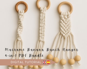 Patroon voor een bananenhanger van macramé, 3 doe-het-zelf fruithouders, handleiding voor beginners (pdf) met knoopinstructies en video, direct te downloaden.